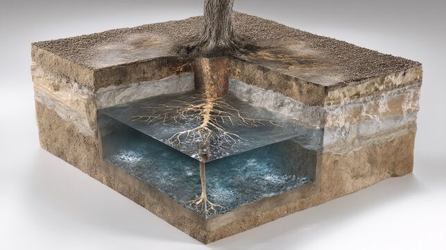 of a tree with its roots extending deep into the earth, seamlessly merging with the geological storage rock layers, connecting natural carbon cycle with technological CCS, green and blue palette 