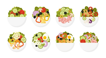 Eight bowls of different salads, each containing a variety of fresh vegetables and toppings, presented against a white background.