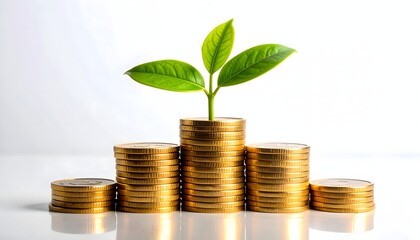 Plant growing from stacks of coins representing financial growth and investment success