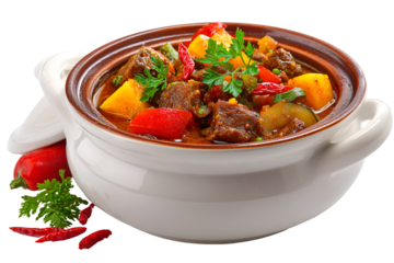 Hearty beef stew with vegetables in a ceramic pot
