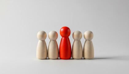 Five wooden pawn figures, with one standing out in vibrant red, symbolizing a leader, distinction, target customer, or being different from the rest of the group.