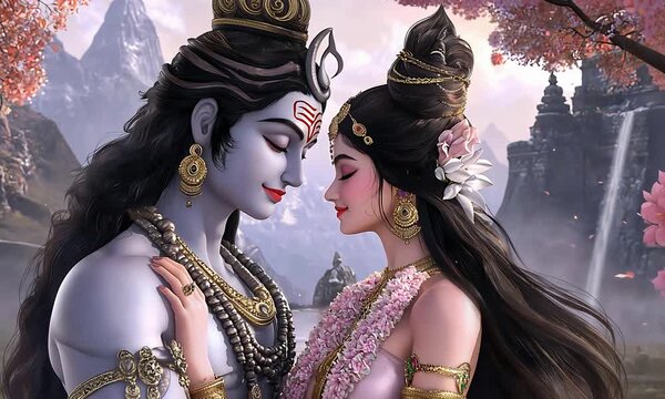 Divine Embrace Lord Shiva and Parvati in Serene Mountain Landscape.