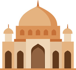 Simplistic illustration of a mosque with a large central dome, two smaller side domes, and arched entrances