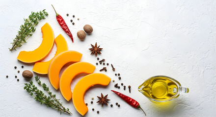 Vibrant autumn healthy food ingredients with butternut squash, fresh herbs, spices, and olive oil, arranged on a white textured background, top view with copy space.
