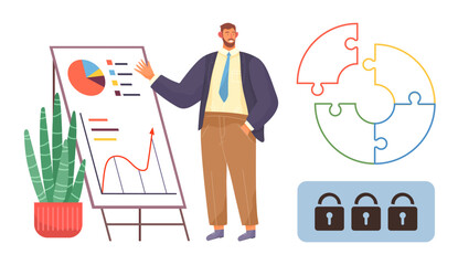 Businessman presenting graphs and charts on a board beside puzzle segments and padlocks. Ideal for business, data analysis, teamwork, problem-solving, strategy, security, success. Simple flat