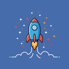 A vibrant cartoon rocket blasts off into space, leaving a trail of smoke and surrounded by sparkling stars against a deep blue background.