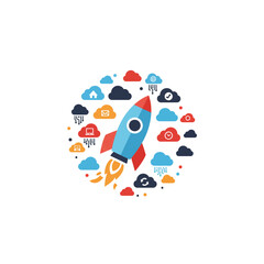 Naklejka premium A vibrant illustration depicts a rocket ship soaring amidst colorful clouds, symbolizing innovation and technological advancement against a clean white background.