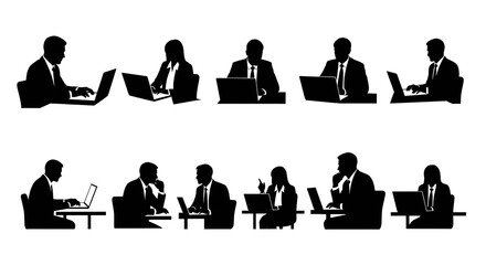 Silhouette set of business people working on laptops vector illustration of diverse professionals in office settings isolated on white