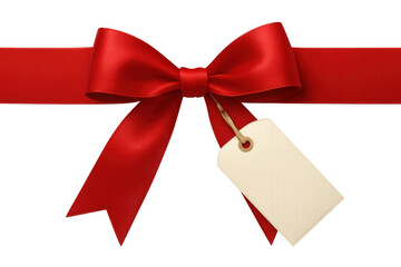 Red satin ribbon and bow with blank gift tag, celebrating event, birthday, christmas, or anniversary