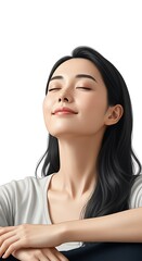 A serene Asian woman with her eyes closed, head tilted back, and a gentle smile, embodying peace and tranquility.