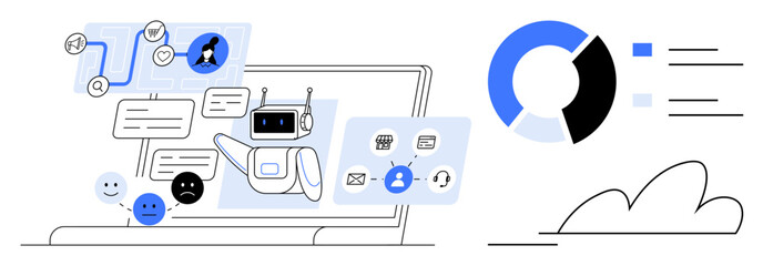 Laptop screen with chatbot, message bubbles, emotions, user icons, and flowchart. Pie chart and cloud accent in minimal style. Ideal for communication, tech, AI data automation customer service