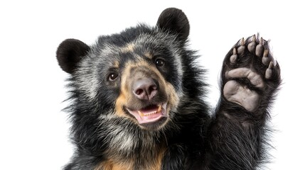 Obraz premium Spectacled bear, Tremarctos ornatus smiling and giving a high five isolated on white