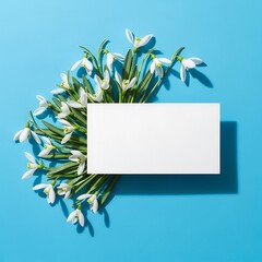 Creative layout made with snowdrop flowers on bright blue  background. Flat lay. Spring minimal concept.