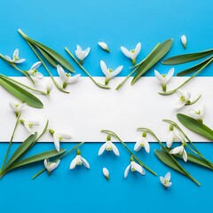 Creative layout made with snowdrop flowers on bright blue  background. Flat lay. Spring minimal concept.