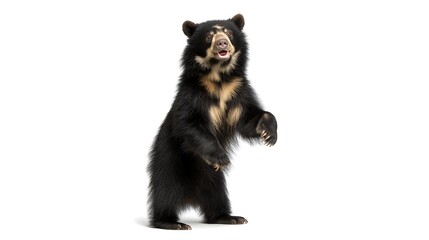 Obraz premium Spectacled bear, Tremarctos ornatus standing upright and smiling, isolated on white, cute wildlife