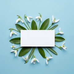 Creative layout made with snowdrop flowers on bright blue  background. Flat lay. Spring minimal concept.