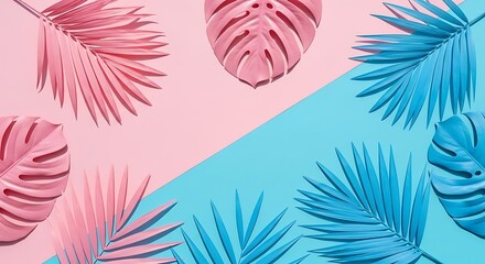Tropical bright colorful background with exotic painted tropical palm leaves. Minimal fashion summer concept. Flat lay idea