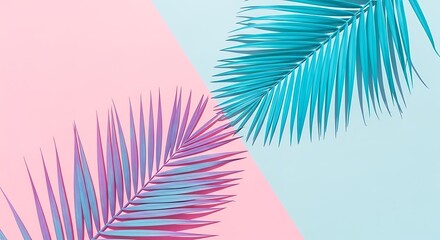 Tropical bright colorful background with exotic painted tropical palm leaves. Minimal fashion summer concept. Flat lay idea