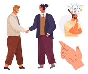 Fototapeta premium Professionals shaking hands in agreement, individual brainstorming with lightbulb concept, and directional pointing gesture. Ideal for business, collaboration, creativity, decision-making, teamwork