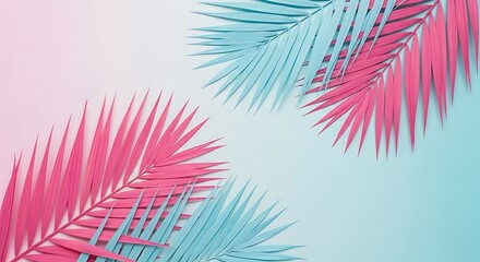 Tropical bright colorful background with exotic painted tropical palm leaves. Minimal fashion summer concept. Flat lay idea