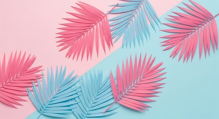 Tropical bright colorful background with exotic painted tropical palm leaves. Minimal fashion summer concept. Flat lay idea