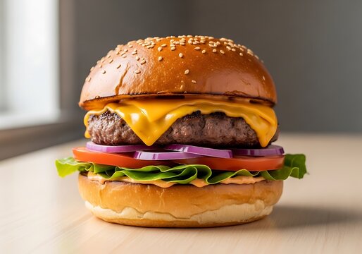 Lezat cheeseburger daging sapi dan daging babi asap di roti panggang dengan selada dan tomat di meja kayu