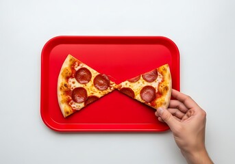 Pizza cut on red tray