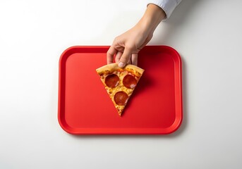 Pizza cut on red tray