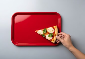 Pizza cut on red tray