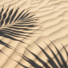 Summer beach day scene with tropical palms shadow on sand background. Minimal sunlight tropical flat lay arrangement.