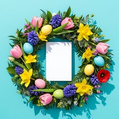 Easter wreath made of colorful spring flowers, leaves and easter eggs. Natural round frame layout with paper card. Flat lay.