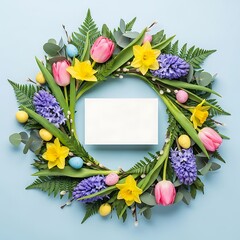 Easter wreath made of colorful spring flowers, leaves and easter eggs. Natural round frame layout with paper card. Flat lay.