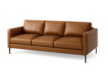 Brown leather three-seater sofa with sleek thin legs on transparent background, modern furniture design