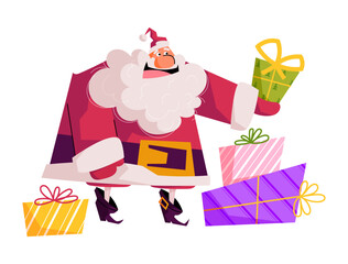 Vector illustration of cheerful Santa Claus holding a green gift box and standing near colorful presents. Festive Christmas composition for New Year cards, posters, ads, and holiday designs