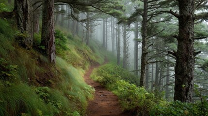 Obraz premium Serene Misty Forest Pathway Through Lush Greenery with Tall Trees and Gentle Fog in Calm Nature Setting