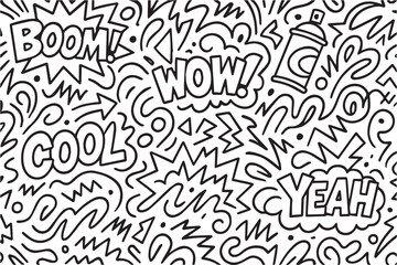 A graffiti inspired abstract vector background in monochrome tones, showcasing bold lettering “WOW,” “YEAH,” “COOL,” and “BOOM,” symbolizing street passion and youthful expression. © primus
