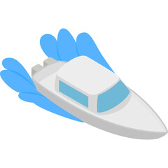 White Speedboat Cutting Through Blue Water Creating Splashes In Isometric Style And Transparent Background