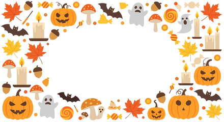Fototapeta premium A colorful Halloween frame featuring pumpkins, ghosts, bats, autumn leaves, acorns, mushrooms, candles, and candy, perfect for seasonal designs and invitations.