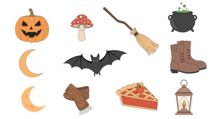 A collection of Halloween-themed icons including a pumpkin, bat, broom, cauldron, boot, moon, mushroom, scarf, pie, and lantern on a white background.