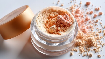 Closeup of a jar of loose powder with an open lid isolated on white background, showcasing the texture and color of the cosmetic product