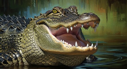 Obraz premium A close-up view of an alligator with its mouth wide open, showing teeth.