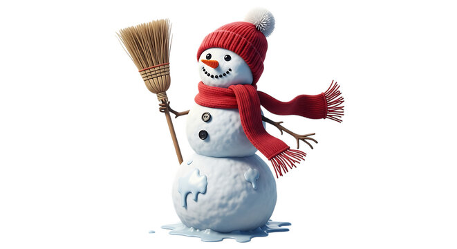 Cute melting snowman wearing red hat and scarf for winter holidays celebration