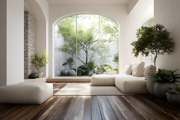 Fototapeta premium Bright Minimalist Living Room with Indoor Garden View, White Sofa, Wood Floor, Nature