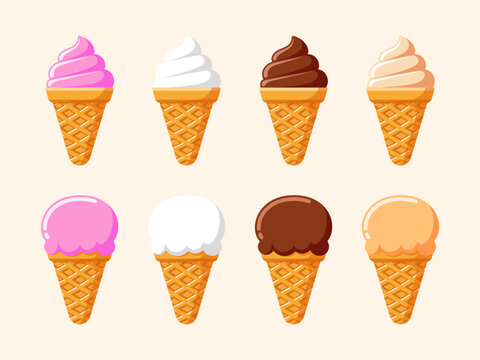 Delicious ice cream set. Sweet frozen dessert in a waffle cone. Perfect for summer menus, dessert illustrations, or food-related designs.