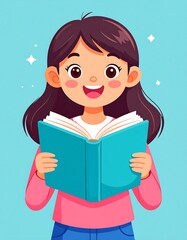 Cartoon illustration of a smiling girl with dark hair, reading a teal book against a blue background