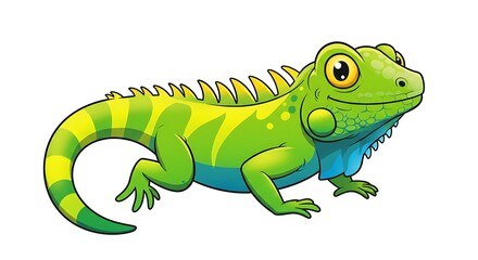 Obraz premium Cartoon illustration of a vibrant green iguana with yellow stripes, spiky crest, and friendly expression