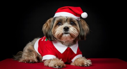A cute dog wearing a santa hat and a red christmas shirt on a red surface against a black background