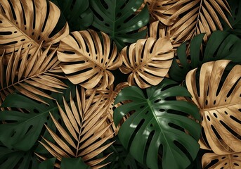 Obraz premium Creative nature background. Gold and green tropical palm leaves. Minimal summer abstract jungle or forest pattern. White paper frame copy space.