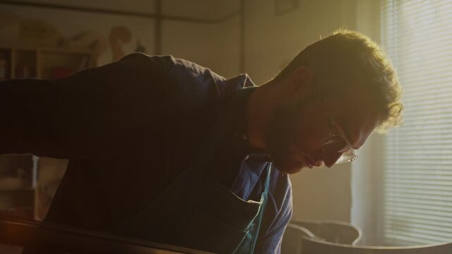 Luthier craftsman at work creating a unique bass instrument in workshop