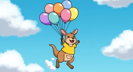 Cartoon kangaroo joyfully floats in the sky, holding a bundle of colorful balloons